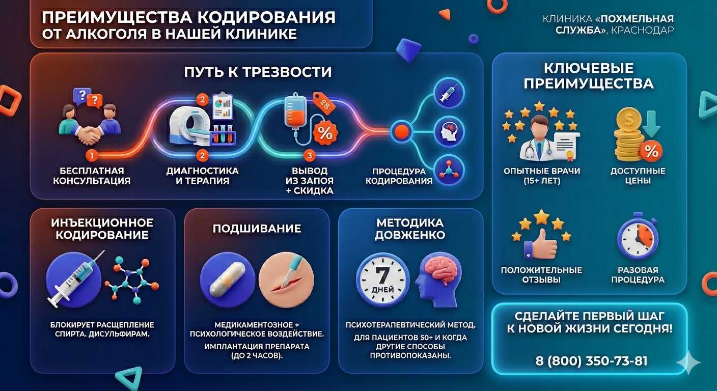 Инфографика о методах кодирования от алкоголя в Ногликах: инъекции, подшивание, метод Довженко. Преимущества клиники и этапы лечения.