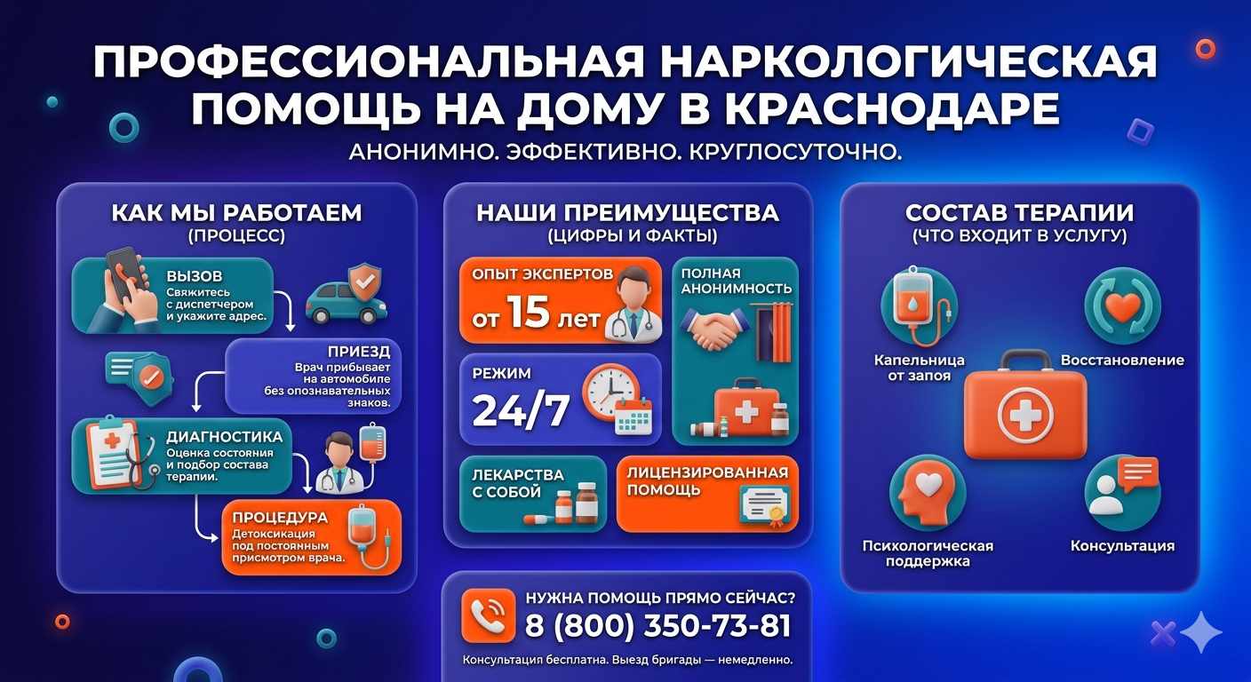 Инфографика о принципах лечения алкоголизма на дому в Ногликах: этапы вызова нарколога, преимущества анонимной детоксикации и состав медицинской помощи.